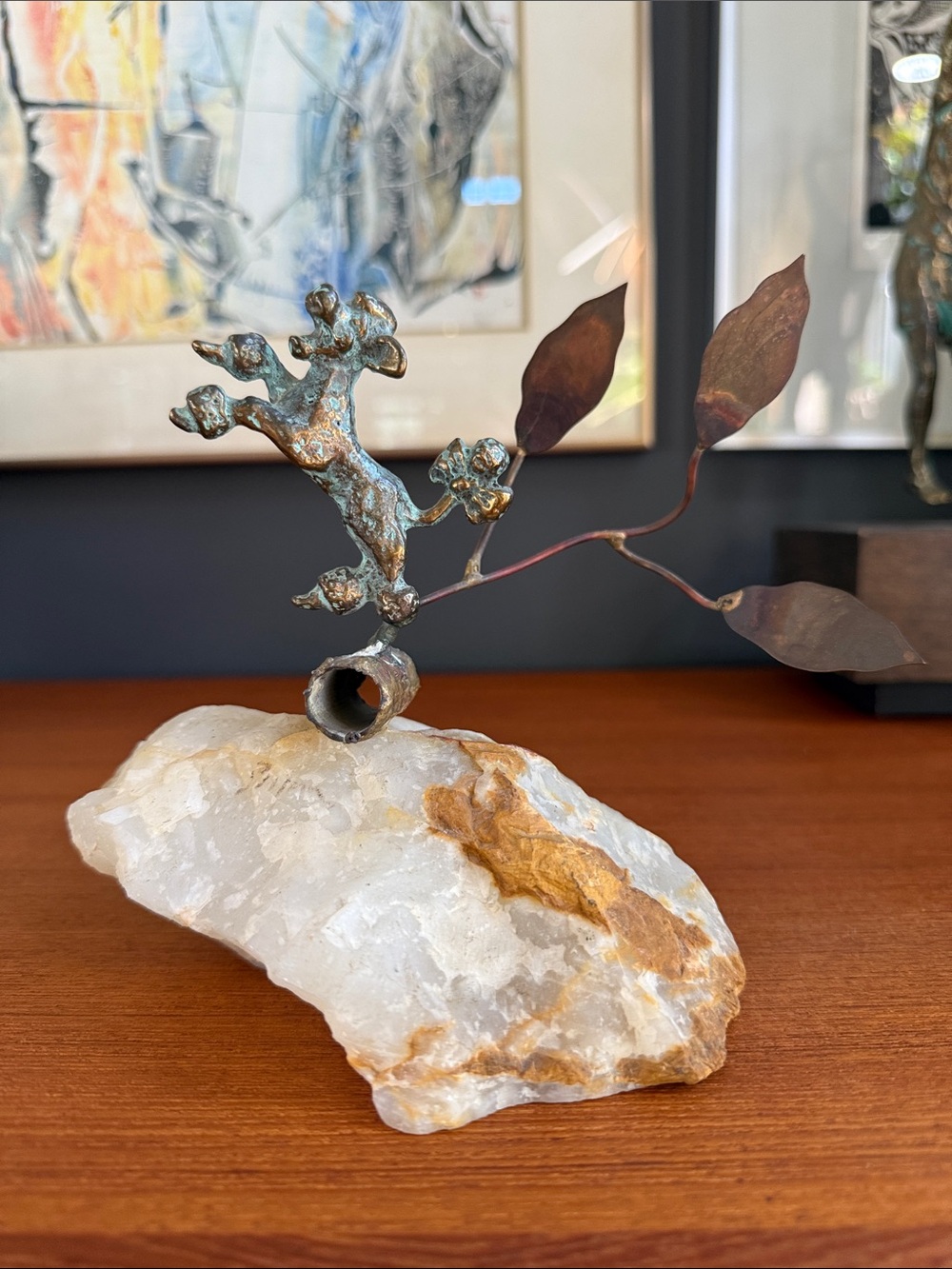 Handcrafted vintage real copper  and Quartz Sculpture Green Poodle Bronze Leaves
